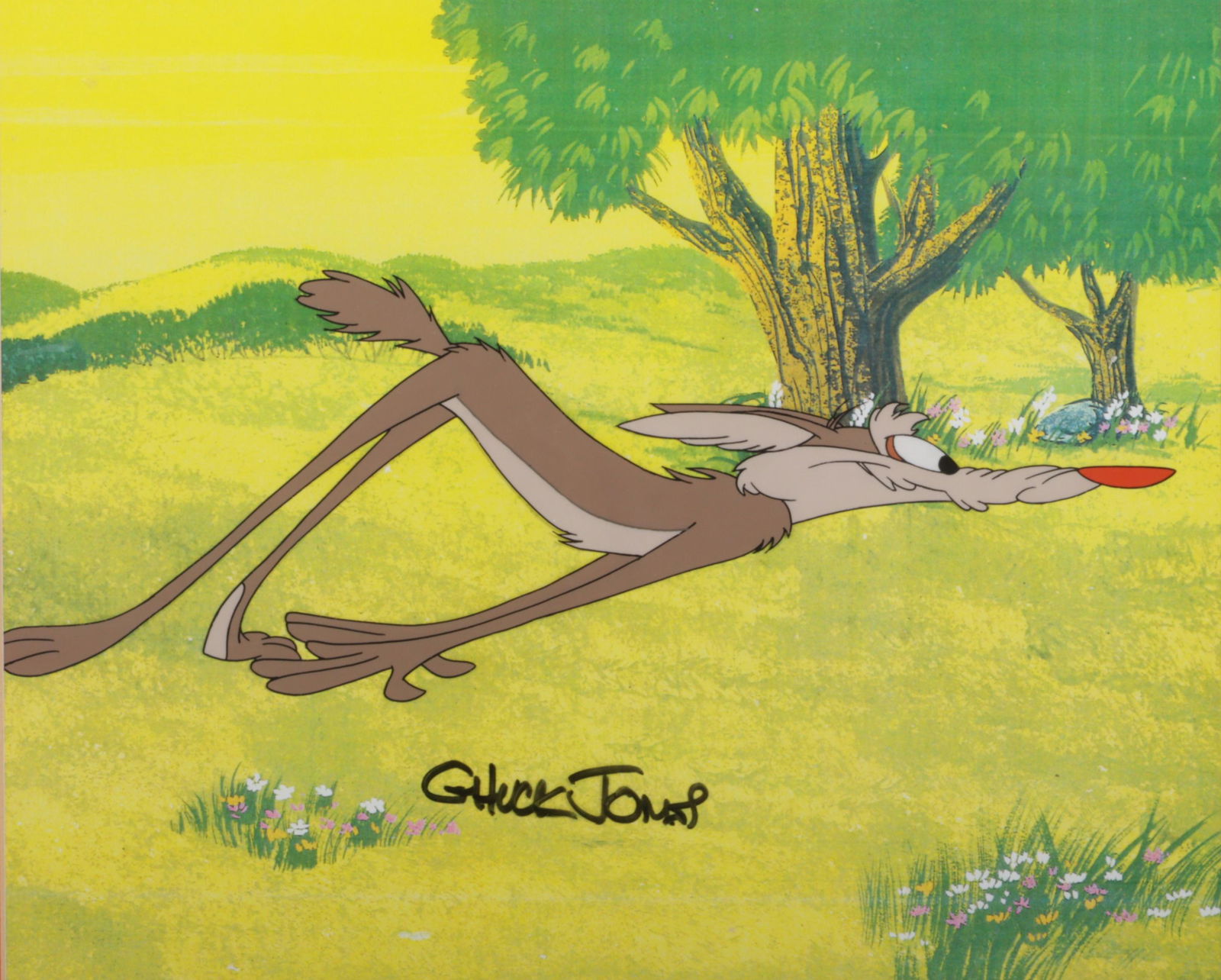 Warner Bros Chuck Jones signed Wile E. Coyote cartoon animation cel 9 1/4"H x 11 1/2"W (sight), 16"H (1 of 6)