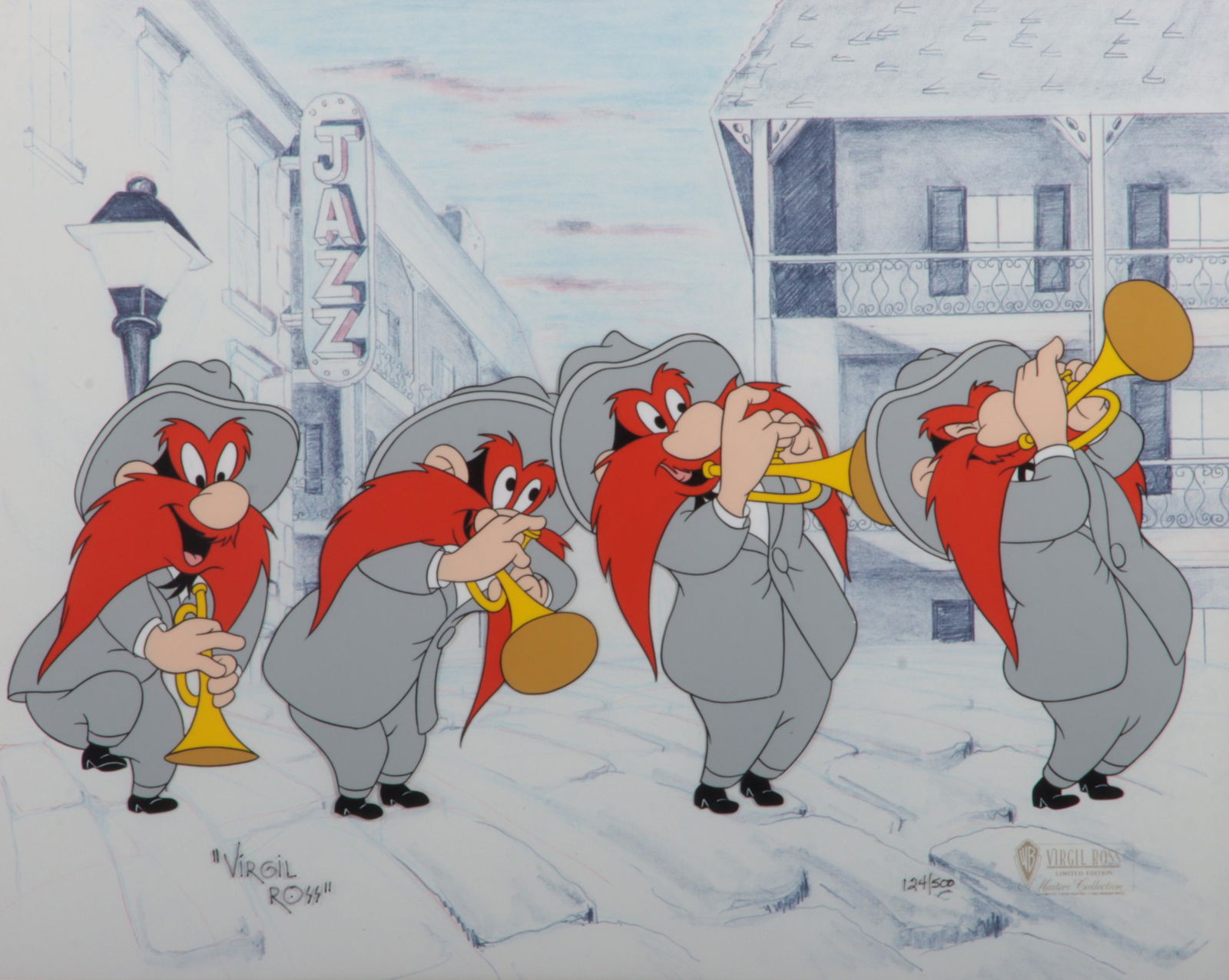 Warner Bros "The Jazz Player" Yosemite Sam LE cartoon animation cel 12 3/4"H x 16"W (sight), 21"H x (1 of 8)