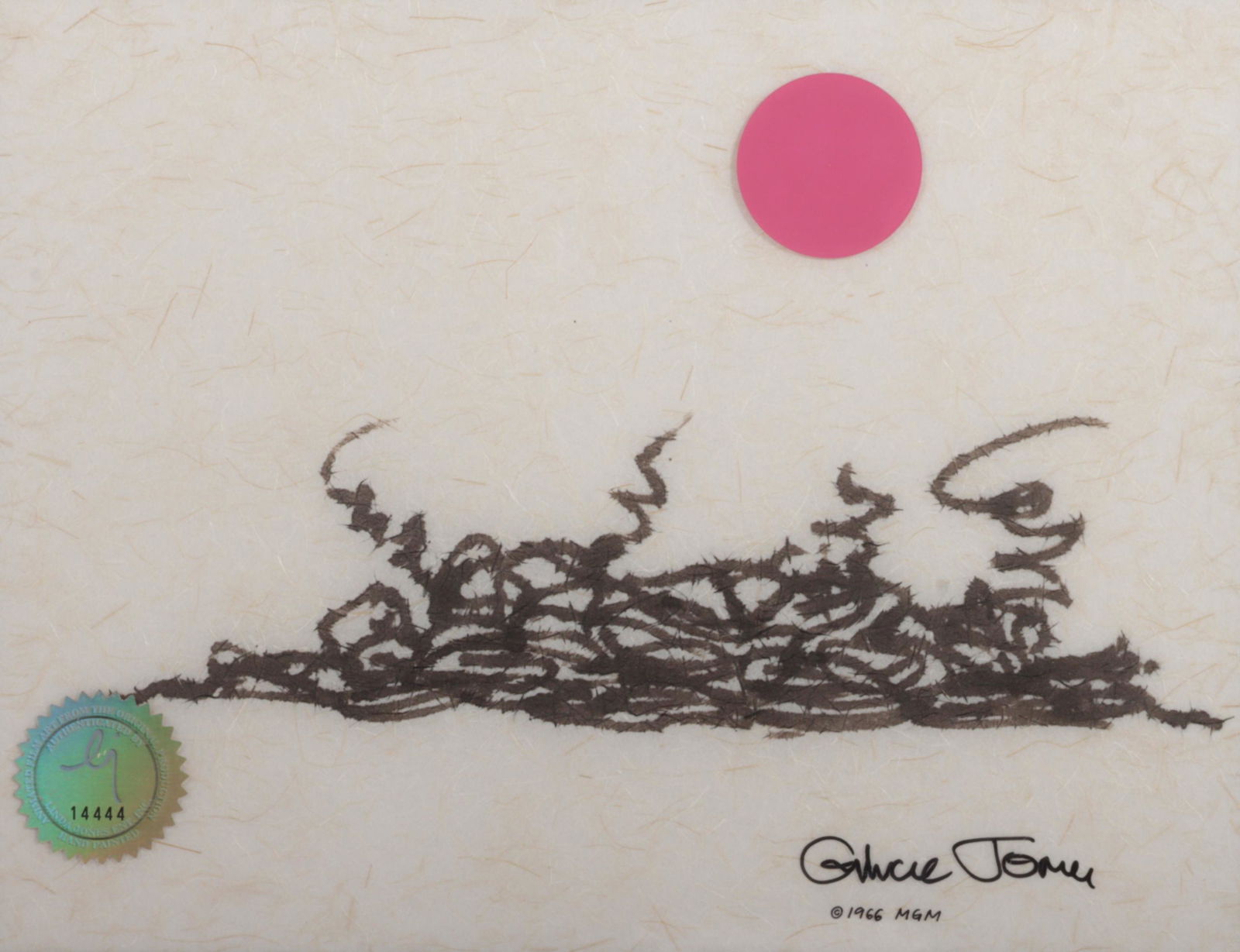 Chuck Jones signed "The Dot and the Line" cartoon animation cel, 1965 8 1/2"H x 11"W (sight), 17"H x (1 of 8)
