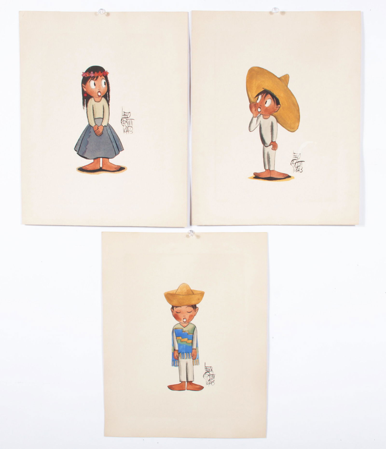 Leo Politi, California (1908 - 1996), figural illustrations, 1943, watercolor on paper, 13 7/8"H x (1 of 12)