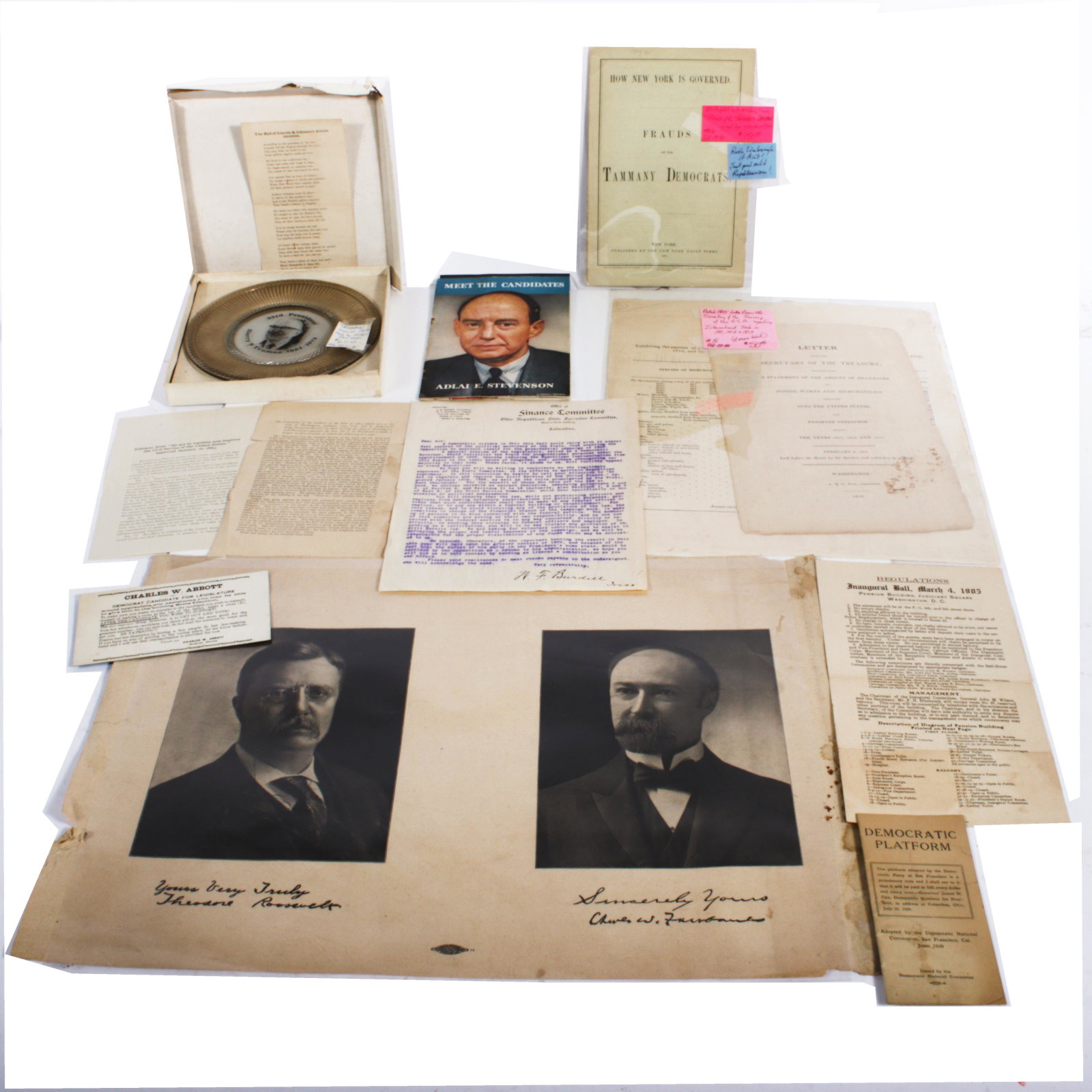 Lot of historical political ephemera: New York Daily Times, How New York is Governed: Frauds of the: Lot of historical political ephemera: New York Daily Times, How New York is Governed: Frauds of the Tammany Democrats, Charles W. Abbott Maine democratic candidate card, Democratic platform pamphlet, 