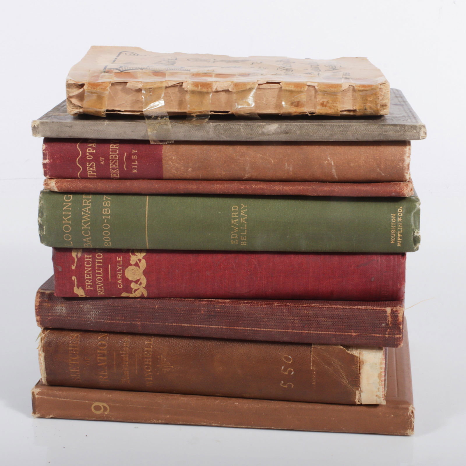 Lot of 9 antique books: including James Whitcomb Riley, Thomas Nast. 7 1/2"h x 5"W x 7/8"D (Pipes: Lot of 9 antique books: including James Whitcomb Riley, Thomas Nast. French Revolution, Thomas Carlyle, Hurst & Company, NY. Pipes O'Pan at Zekesbury, James Whitcomb Riley, Bowen Merrill Co., Indianap