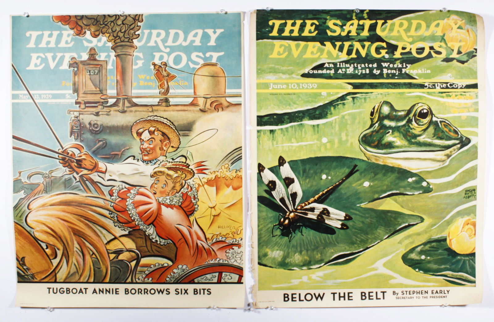 Lot of 2 Saturday Evening Post Posters, 1939: Hilliker Steam Engine and Jacob Bates Abbott. 28"H x (1 of 20)