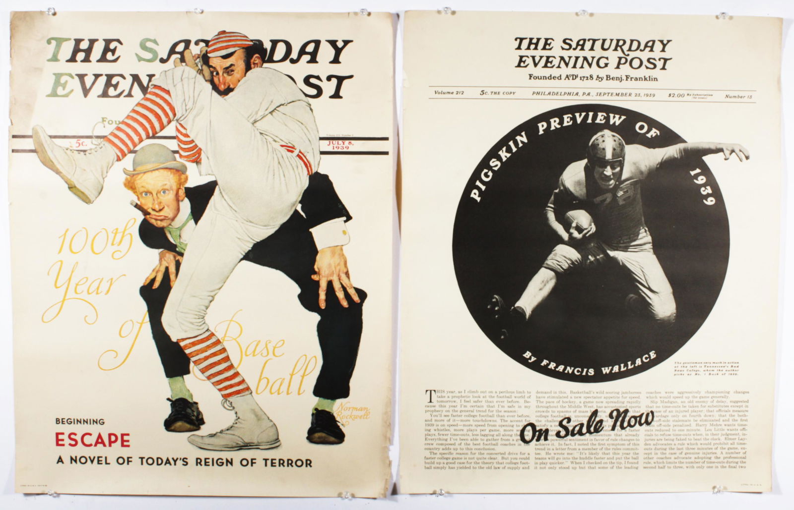 Lot of 2 Saturday Evening Post Posters, 1939: Norman Rockwell Baseball and Pigskin Preview Football. (1 of 16)