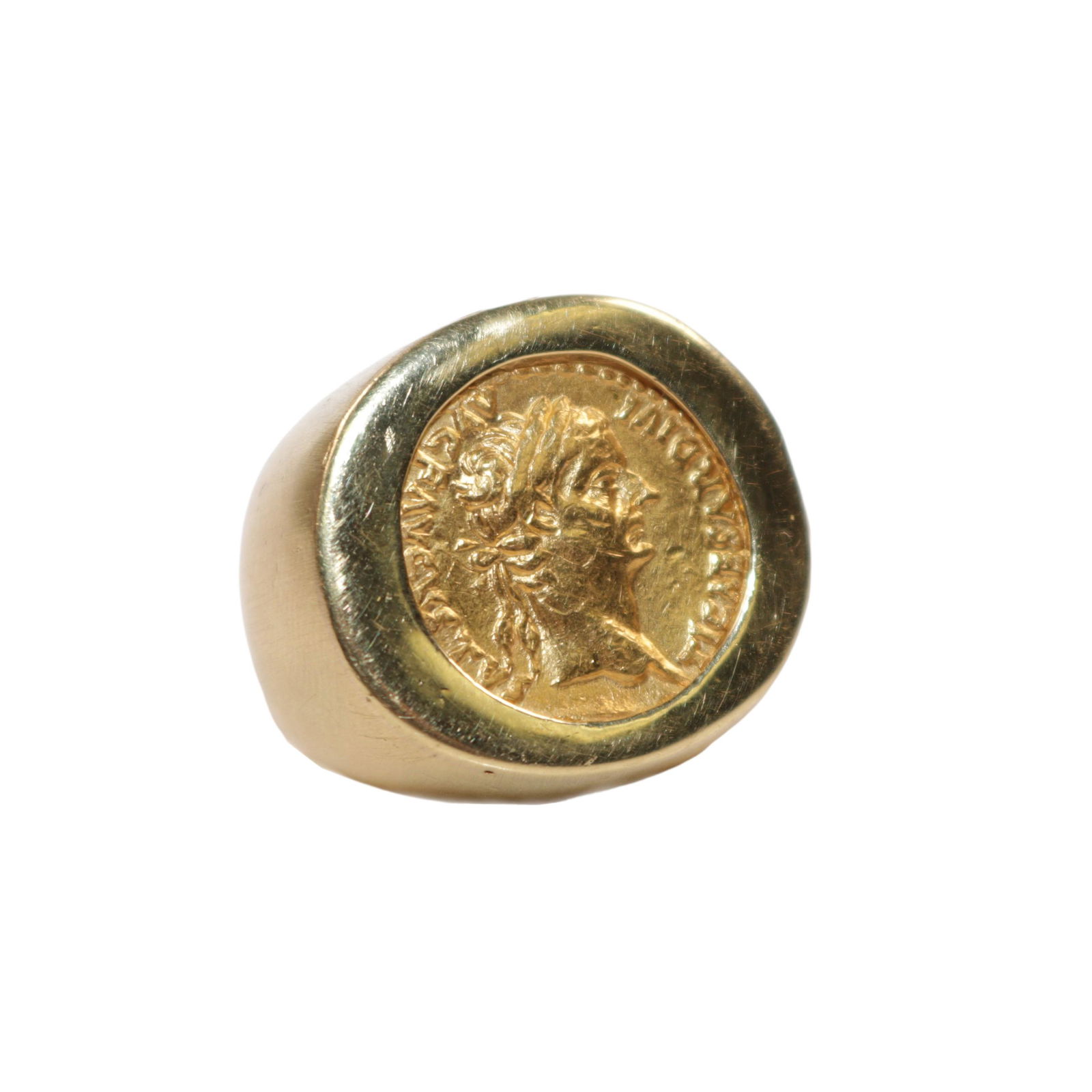 Gold coin Aureus of the Roman Emperor Tiberius, Rev. Pontif Maxim (RIC 27) set in a heavy 18K yellow (1 of 4)