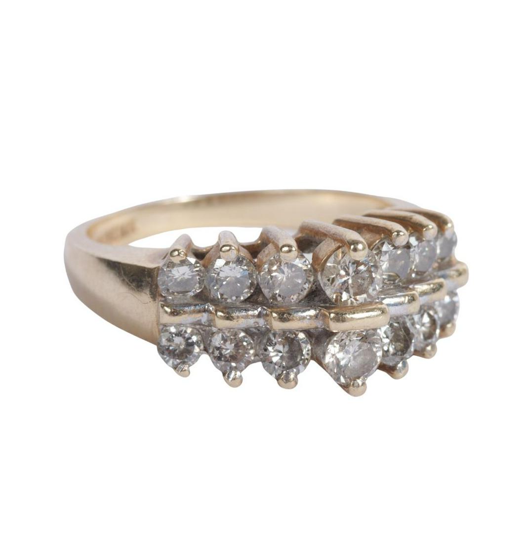 Retro 14K yellow gold and diamond ring with 14 round brilliant cut diamonds in two rows, graduated. (1 of 7)