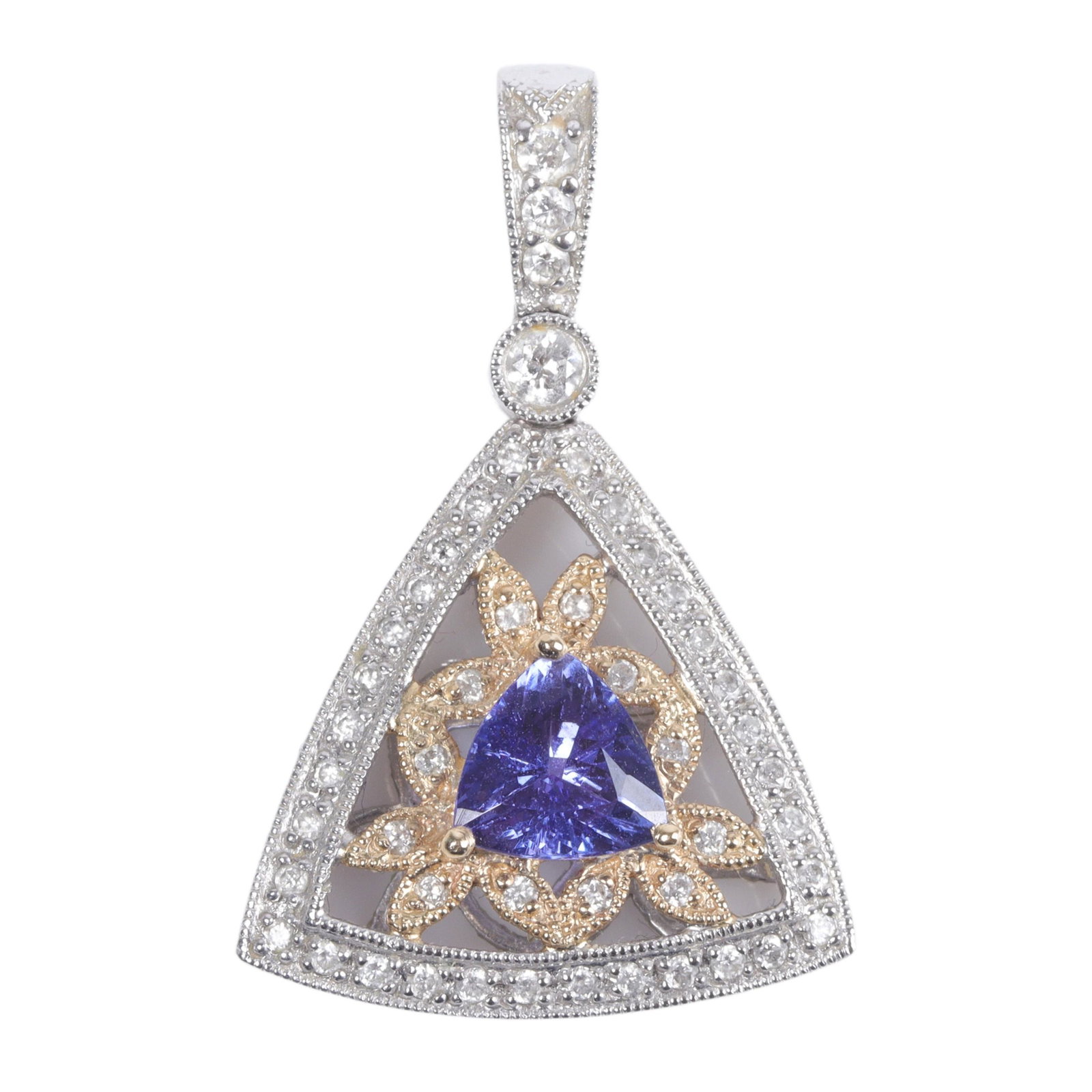 White gold 14K WG tanzanite and diamond necklace pendant. 1 1/4"H x 1"W (1 of 6)