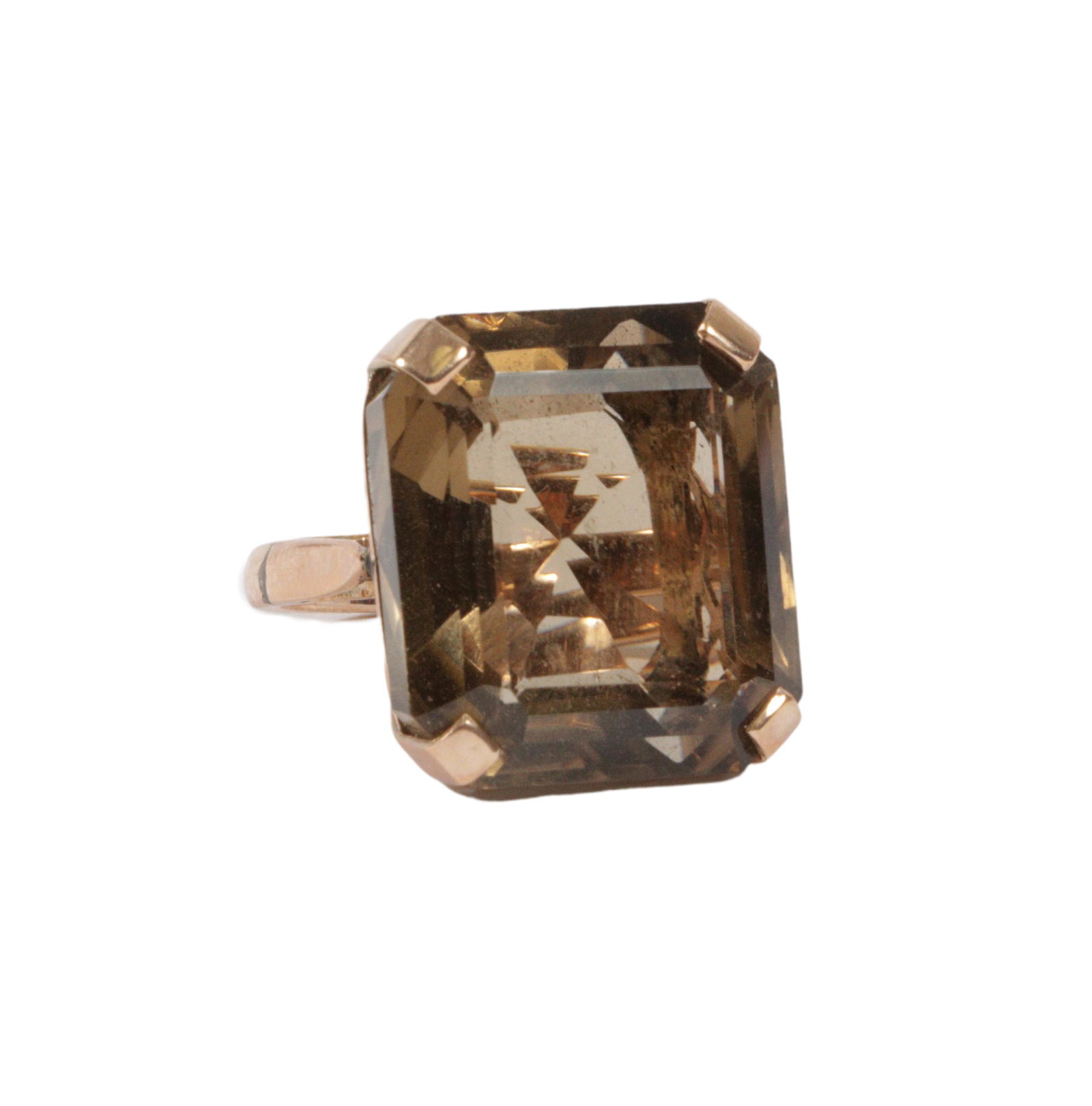 Large antique art deco rose gold smokey topaz quartz estate ring in "Quadrant Pearl Co of London" (1 of 7)