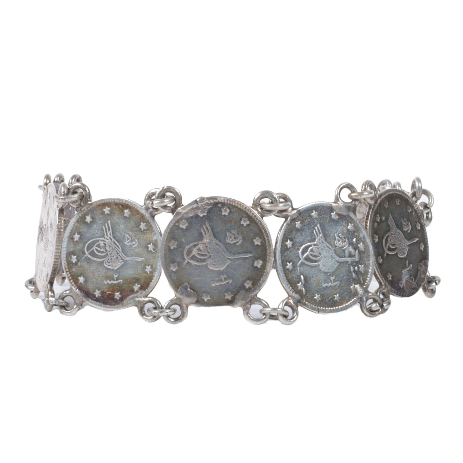 Antique silver Ottoman Islamic coin link bracelet with repair to chain 8 1/2"L x 3/4"W (1 of 8)