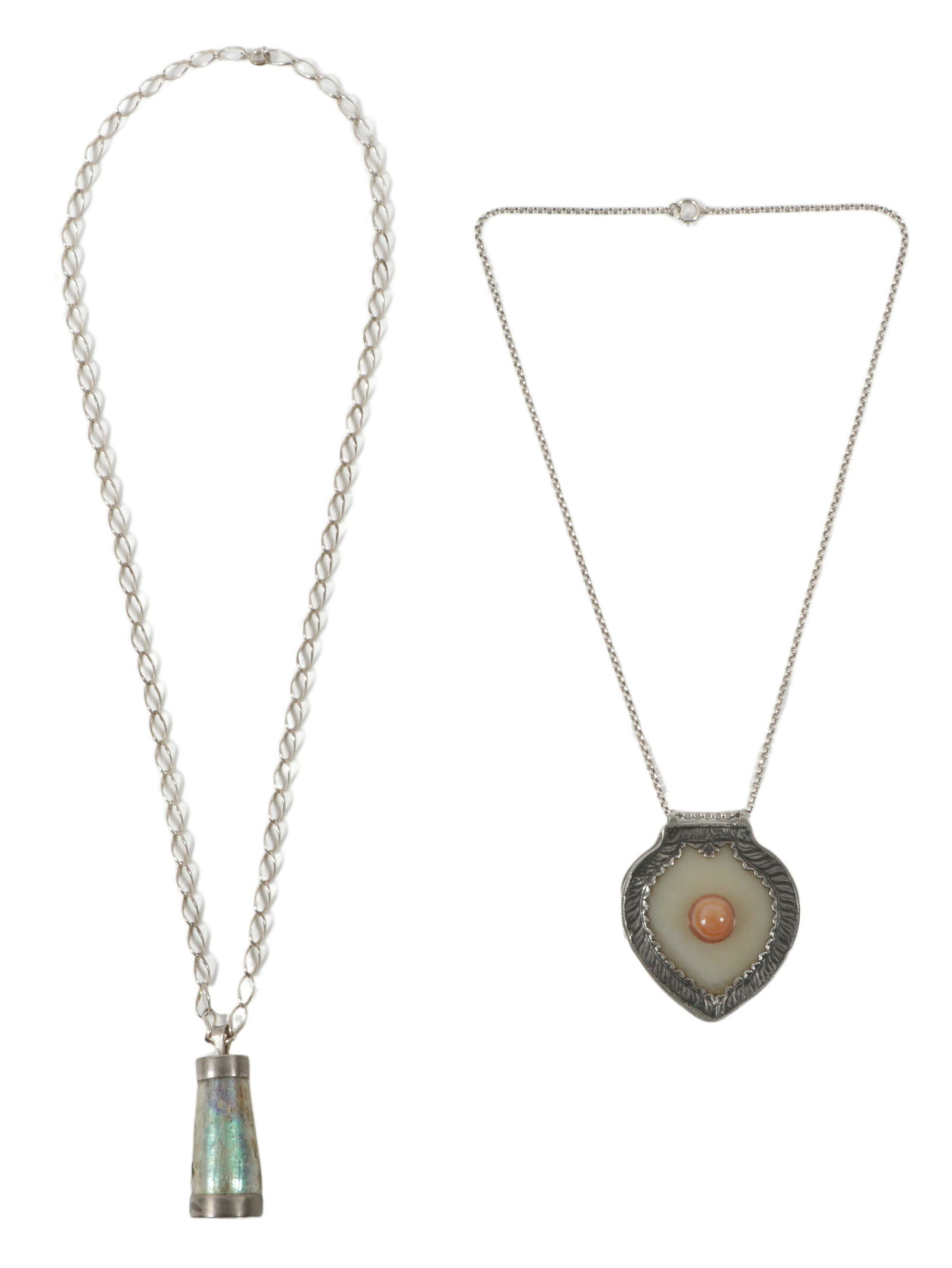 2pc art glass necklace group: Sterling silver and opalescent Roman glass pendant on long silver (1 of 9)