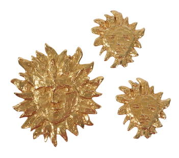 Yves Saint Laurent YSL by Robert Goossens huge "sun face" couture brooch and matching earrings set.: Yves Saint Laurent YSL by Robert Goossens huge "sun face" couture brooch and matching earrings set. 3 1/2"H x 3"W (brooch)