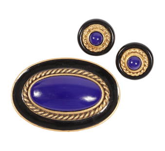 Yves Saint Laurent YSL by Robert Goossens brooch and matching earrings with blue opaque glass: Yves Saint Laurent YSL by Robert Goossens brooch and matching earrings with blue opaque glass cabochon surrounded with gold tone twist and black enamel mount 1 3/4"H x 2 1/2"W (brooch)