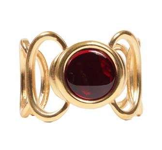 Yves Saint Laurent YSL by Robert Goossens couture gold tone open cage cuff bracelet with round red: Yves Saint Laurent YSL by Robert Goossens couture gold tone open cage cuff bracelet with round red glass disc centerpiece. 2"Diam. x 2"H