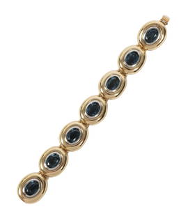 Yves Saint Laurent YSL by Robert Goossens couture two tone bracelet with dark teal blue faceted: Yves Saint Laurent YSL by Robert Goossens couture two tone bracelet with dark teal blue faceted crystal jewels. 7 1/2"L x 1"W