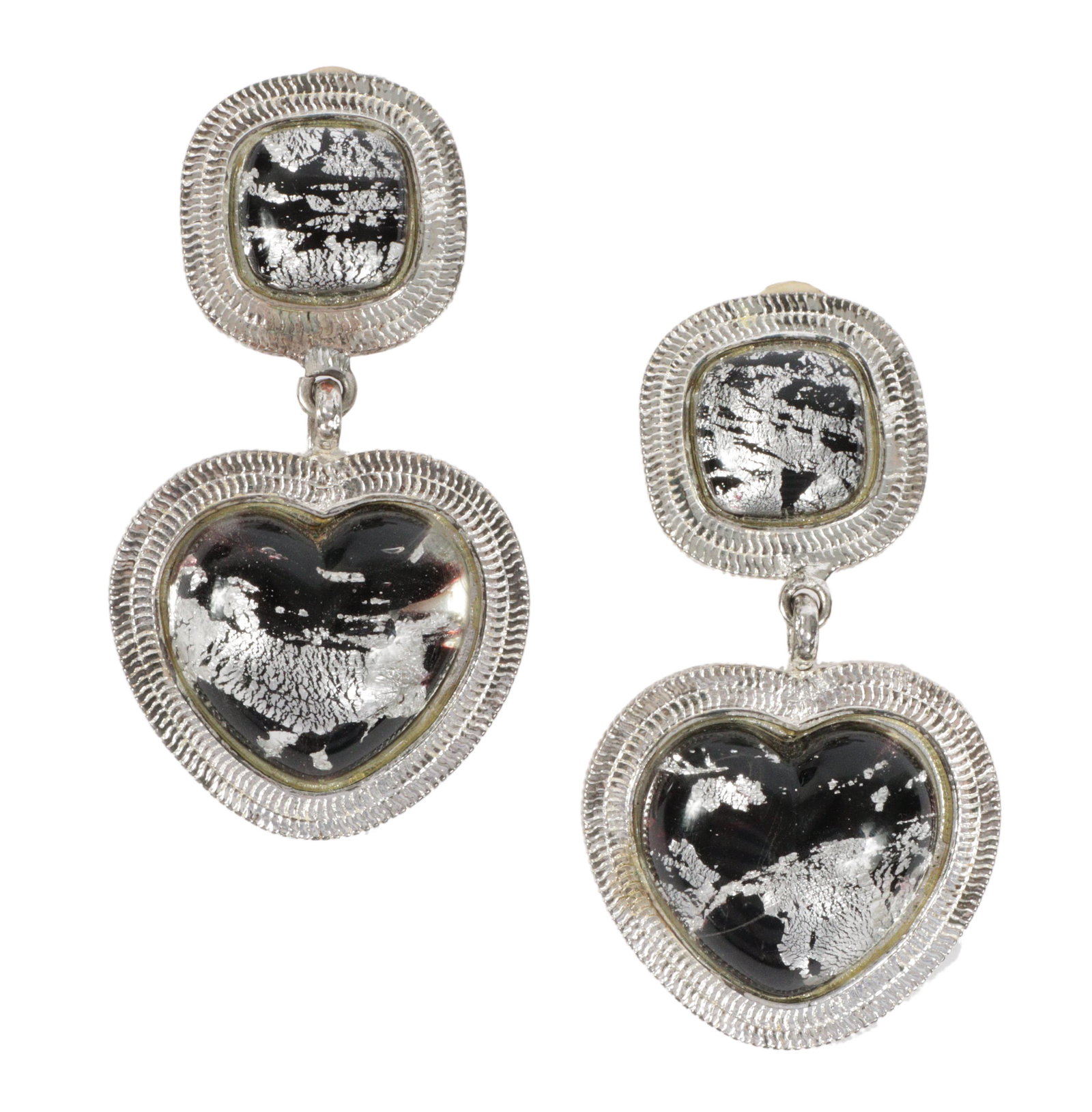 Yves Saint Laurent YSL Rive Gauche black and silver dichroic glass heart dangle earrings 3"H x 1 (1 of 4)