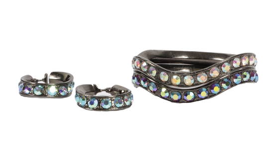 Yves Saint Laurent YSL by Robert Goossens pair of aurora borealis rhinestone wavy bangle bracelets: Yves Saint Laurent YSL by Robert Goossens pair of aurora borealis rhinestone wavy bangle bracelets with gunmetal finish and matching earrings; one bracelet has two small chips missing from the finish