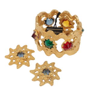 Yves Saint Laurent YSL by Robert Goossens large couture hinged cage cuff bracelet with multi colored: Yves Saint Laurent YSL by Robert Goossens large couture hinged cage cuff bracelet with multi colored reverse set crystal jewels and matching star earrings with reverse set blue stones 2 1/2"Diam. x 2"