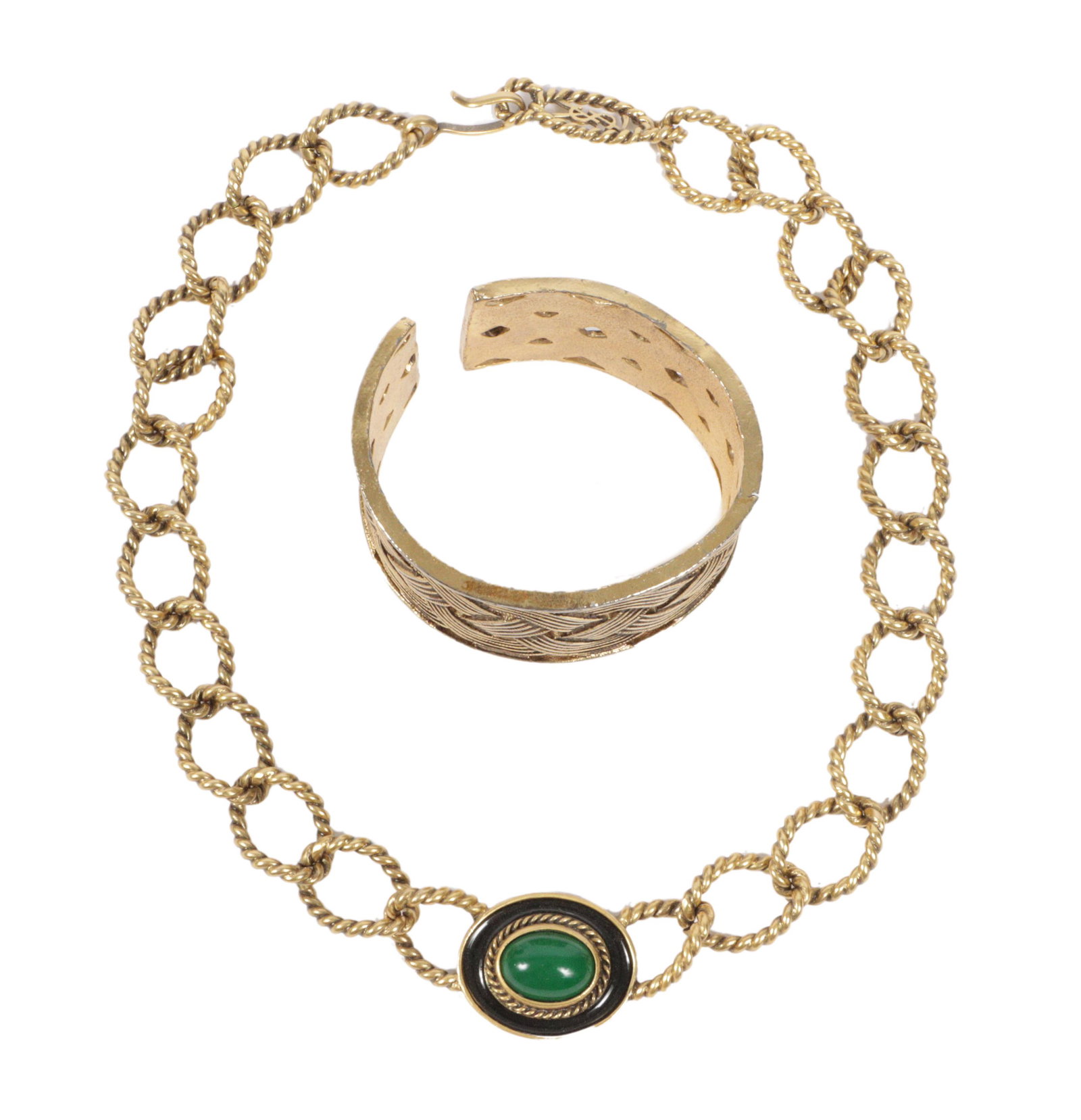 Yves Saint Laurent YSL 2pc jewelry group; basket weave braided open work gold tone cuff bracelet and (1 of 10)