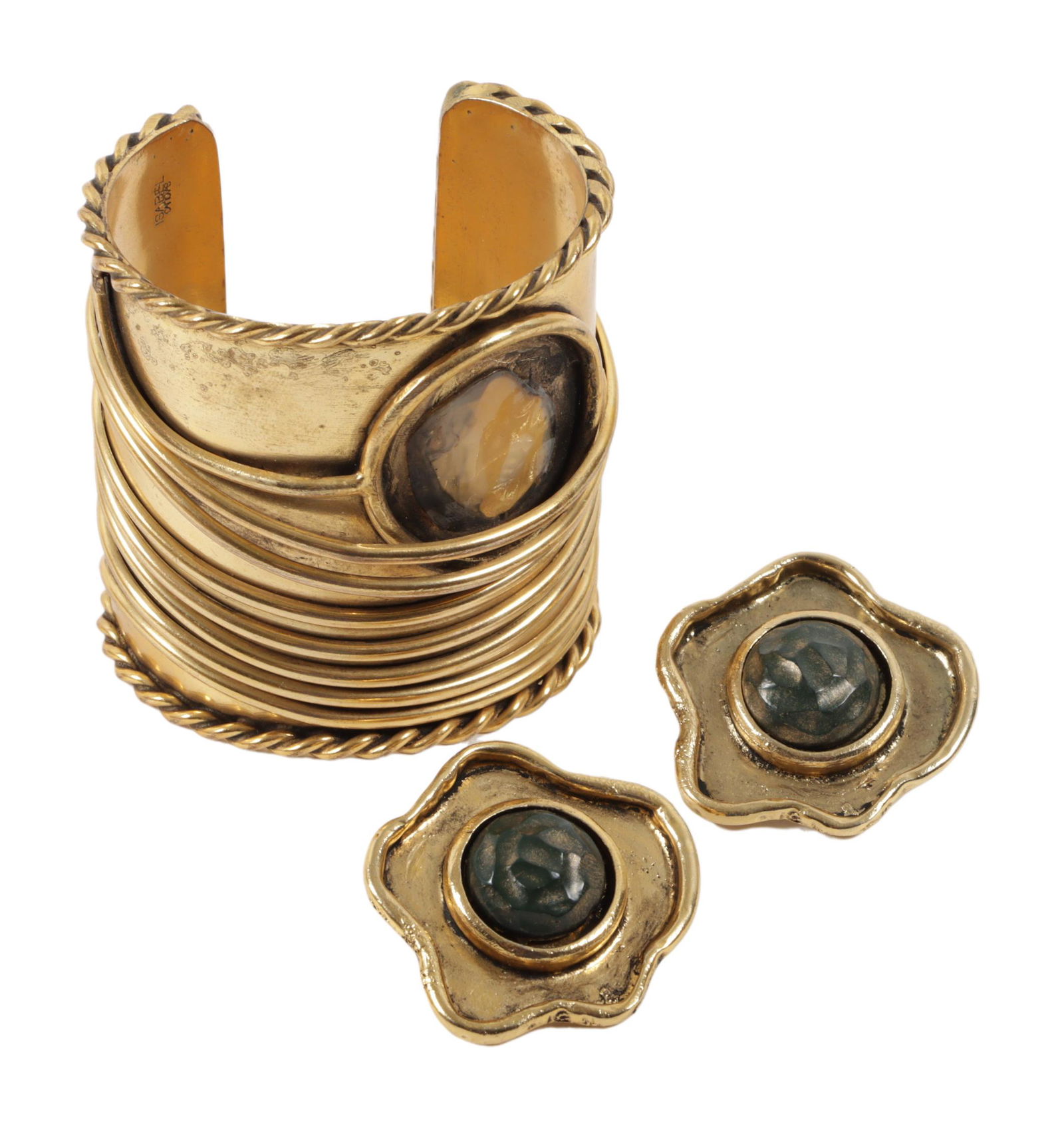 2pc jewelry group: Isabel Canovas cuff bracelet: missing stone, and gold tone, matching (?) earrings (1 of 8)