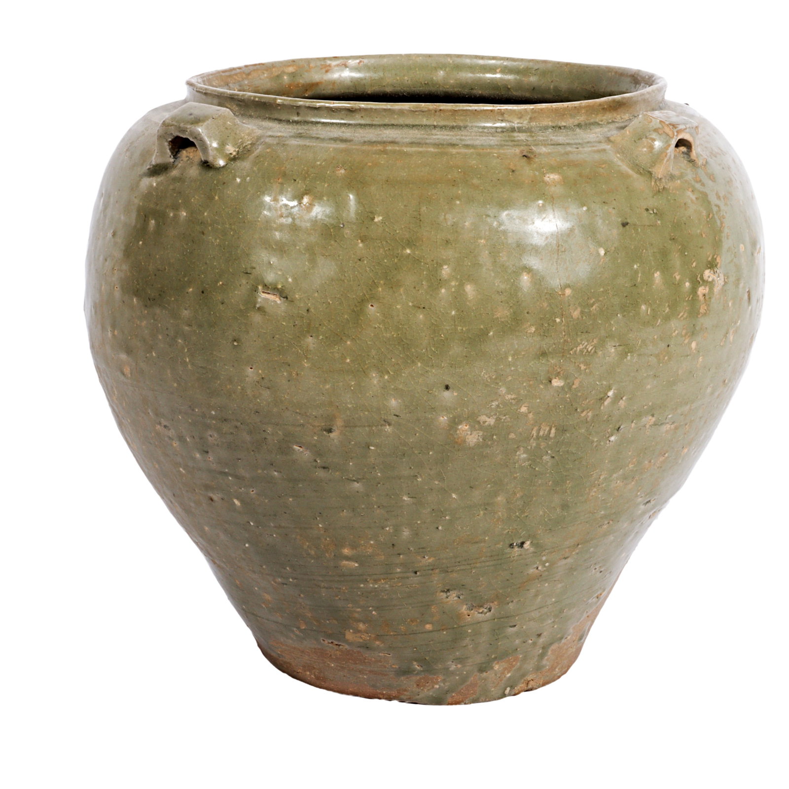 Chinese Western Jin Dynasty glazed celadon pottery jar with 4 lug handles 9"H x 10"Diam. (1 of 9)