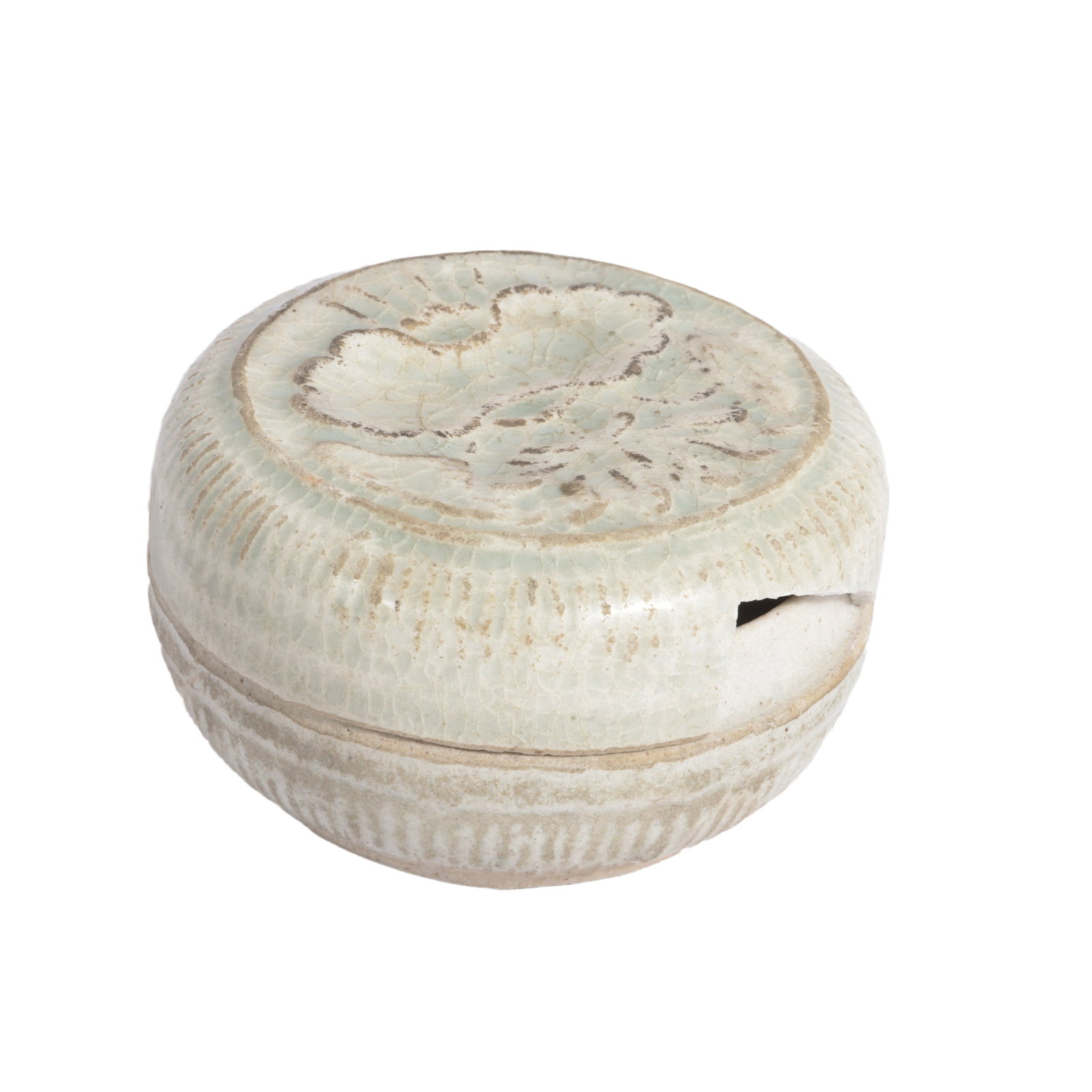 Chinese late Song Dynasty celadon glaze round ceramic powder box with molded lotus motif on lid. 1 (1 of 14)