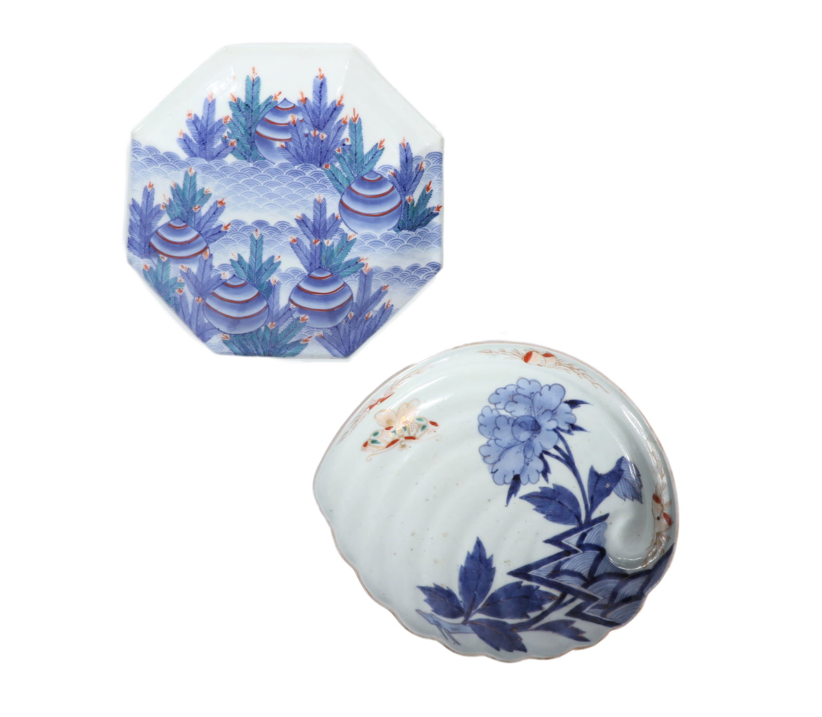 Japanese Nabashima Imari porcelain octagonal bowl and shell form tray 2"H x 8"W x 8"D (octagonal (1 of 12)