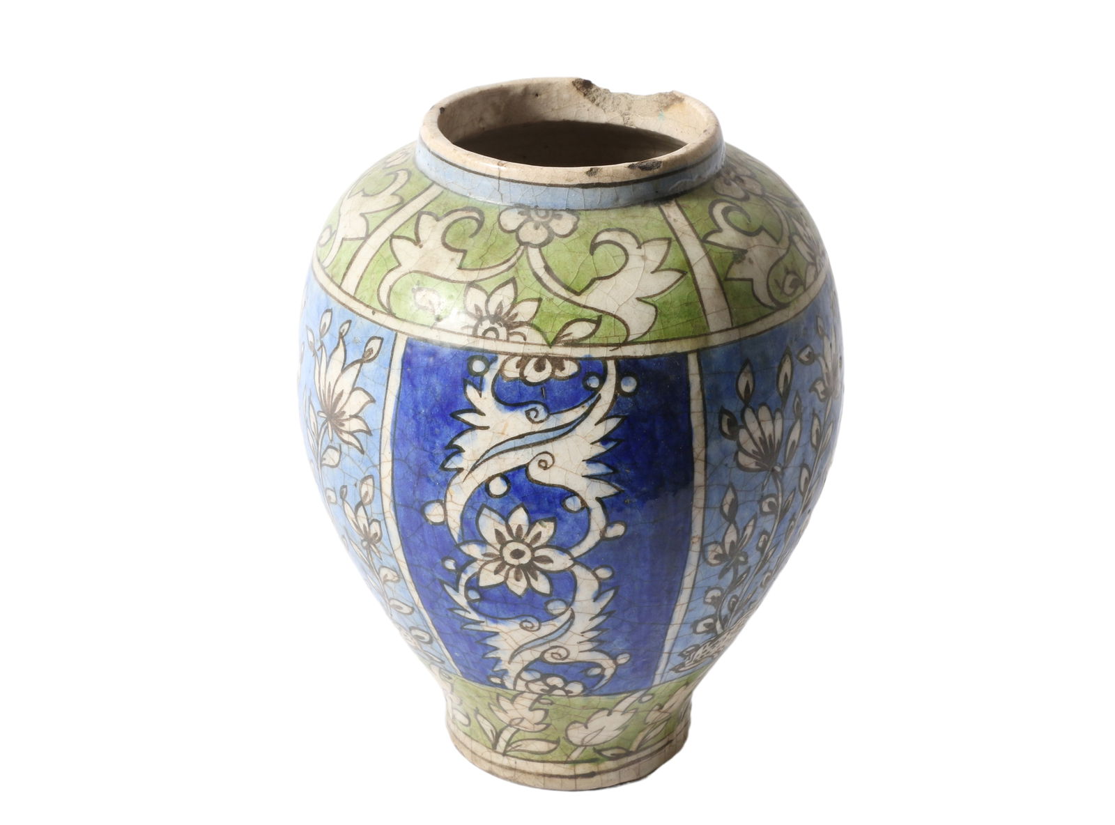 Antique Persian Iznik type Middle Eastern faience pottery baluster vase with blue and green painted (1 of 11)