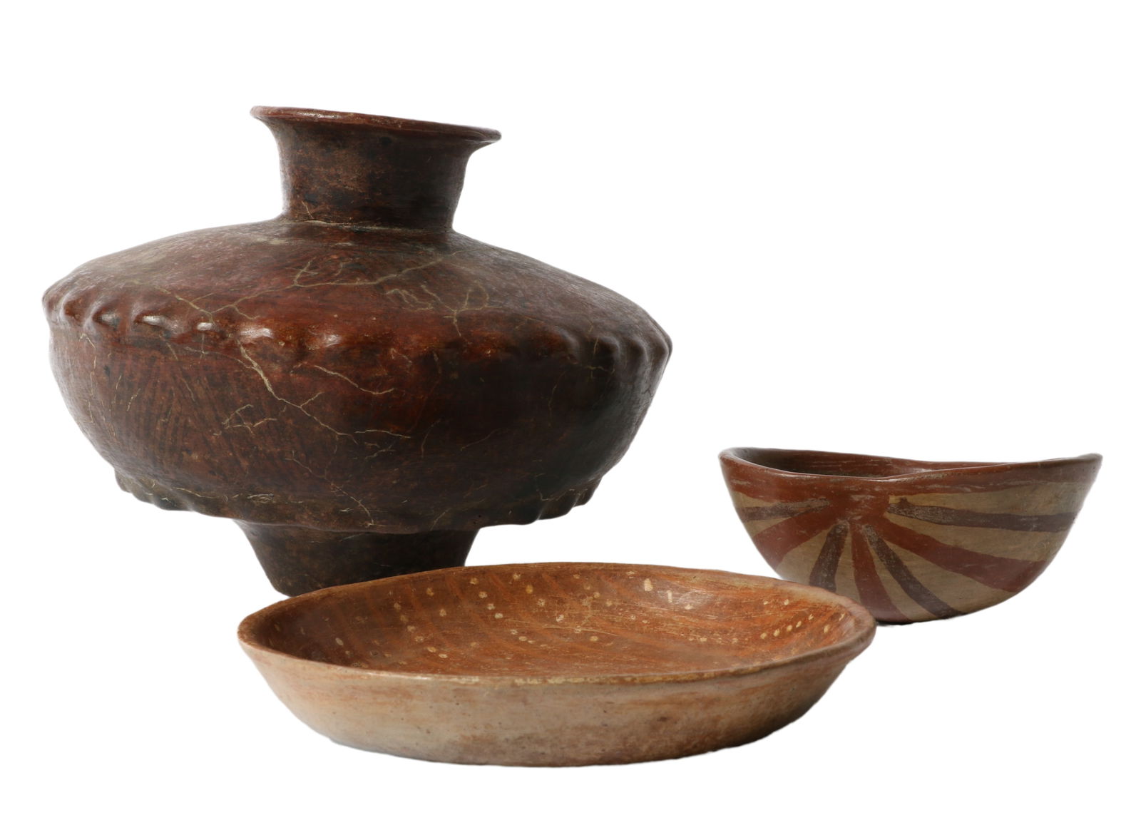 Lot of 3 Pre-Columbian polychrome pottery vessels, red burnished Colima? jar, Chupicuaro kidney pot, (1 of 13)