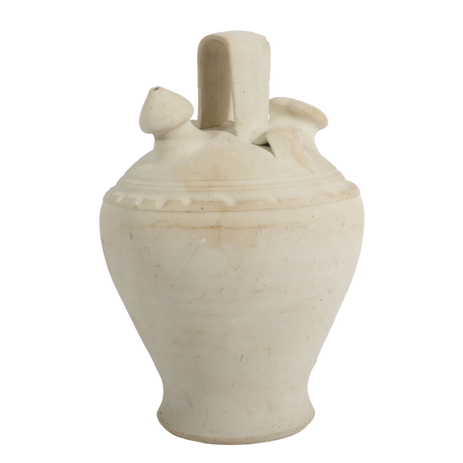 White earthenware Botijo traditional Spanish clay pottery water jug. 11"H x 7 1/2"Diam. (1 of 8)