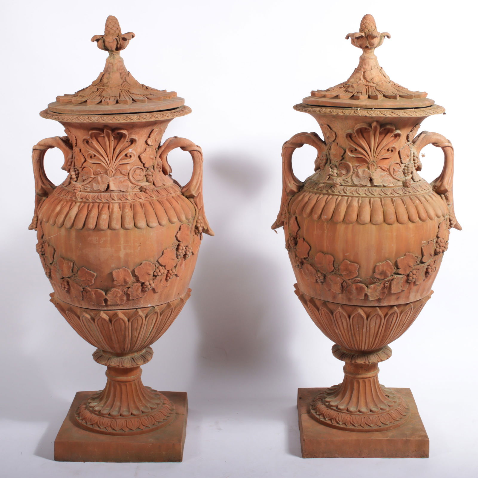 Pair Ornate Neoclassical monumental palace size terra-cotta / terracotta garden urns with lid. 60"H (1 of 9)