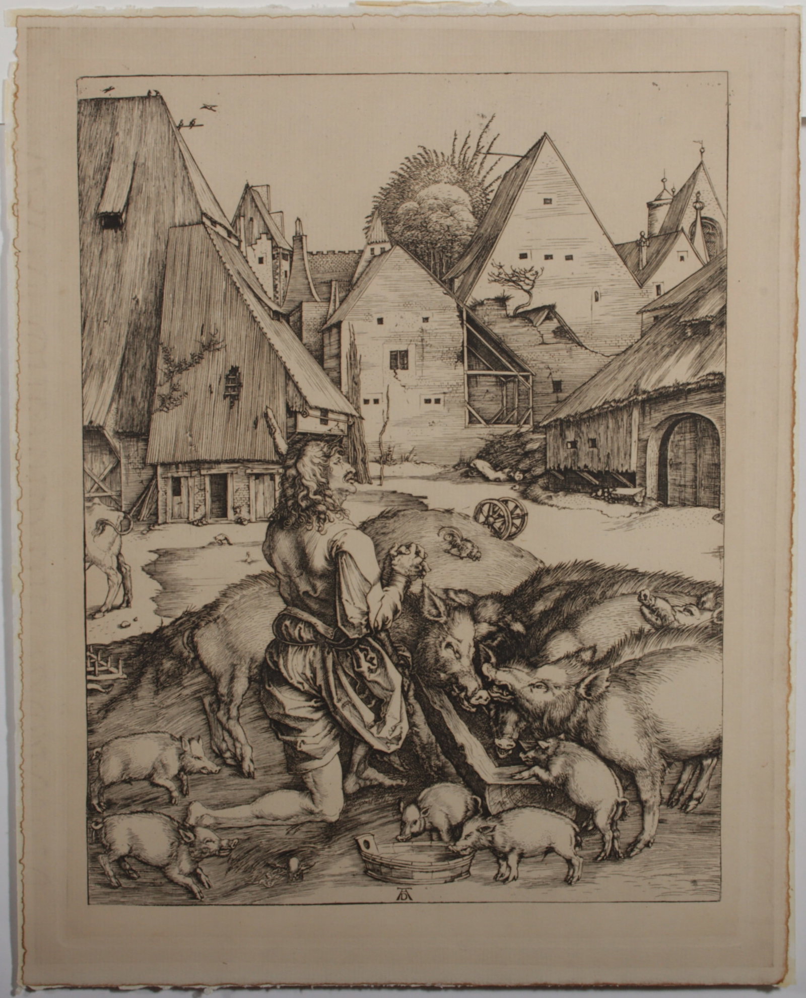 After Albrecht Durer (1471-1528), The Prodigal Son Amid the Swine, ca. 1880s heliogravure 11 1/2"H x: After Albrecht Durer (1471-1528), The Prodigal Son Amid the Swine, ca. 1880s heliogravure with Amand Durandâ€™s stamp and the title (in French) in pencil verso. Toning on the back. 11 1/2"H x 9"W