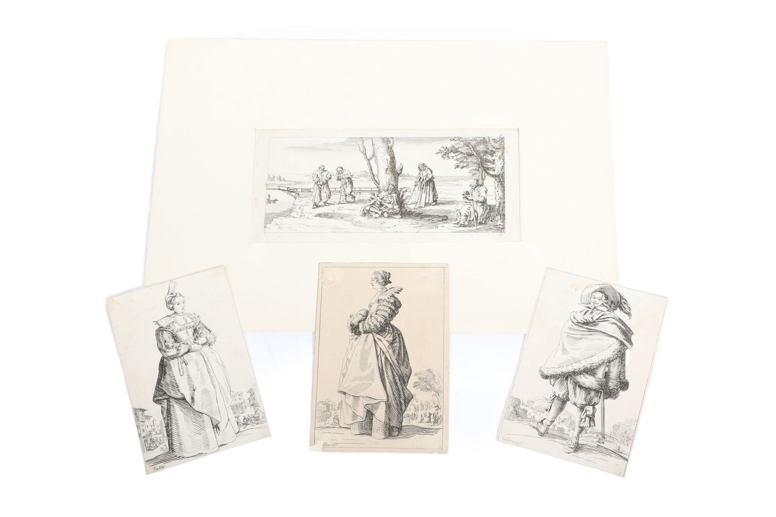 Jacques Callot, French 1592-1635, portraits, etchings, The largest: 14 W x 10 H (with the: Jacques Callot French 1592-1635 portraits etchings Four prints, three representing fashionable costumes, one representing beggars. The largest: 14 W x 10 H (with the passepartout)