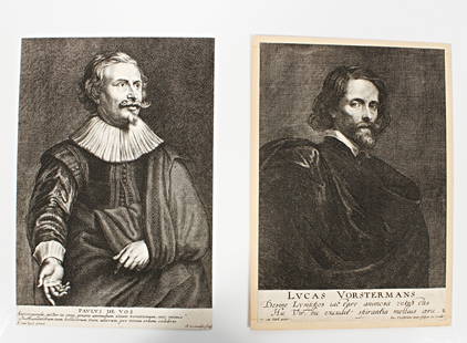 Two prints after Anthony Van Dyck (1599-1641) 10" H x 7" W: Two prints after Anthony Van Dyck (1599-1641) Portrait of Lucas Vorsterman (Flemish 1595-1675) engraved by Lucas oystermen the Younger with distich in Latin. Part of the Iconographia series. Etching