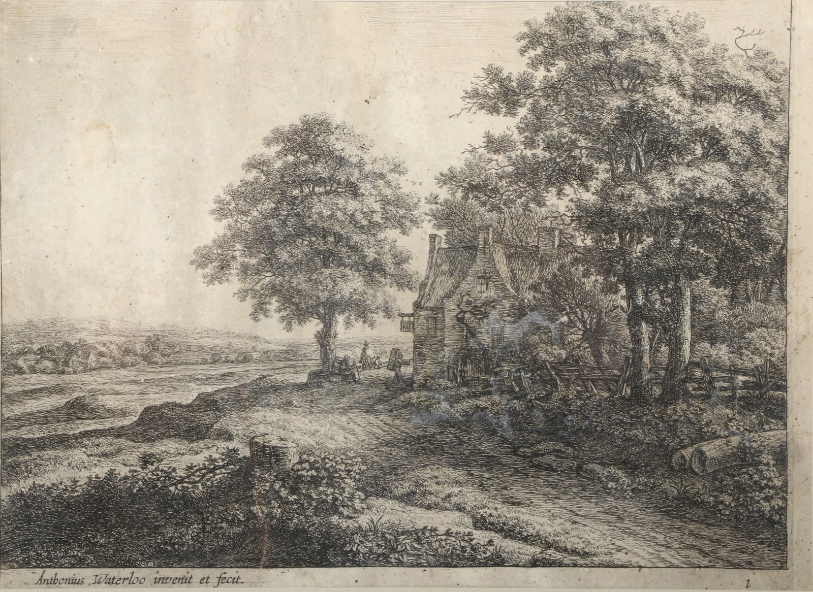 Anthonie Waterloo, Dutch (1609-1690), rural landscape with an inn and a group of trees, etching, 8: Anthonie Waterloo Dutch (1609-1690) rural landscape with an inn and a group of trees etching Signed in the plate, lower left corner. Some toning and a few old stains. 8 1/2"H x 11 3/4"W (sight), 16 7/