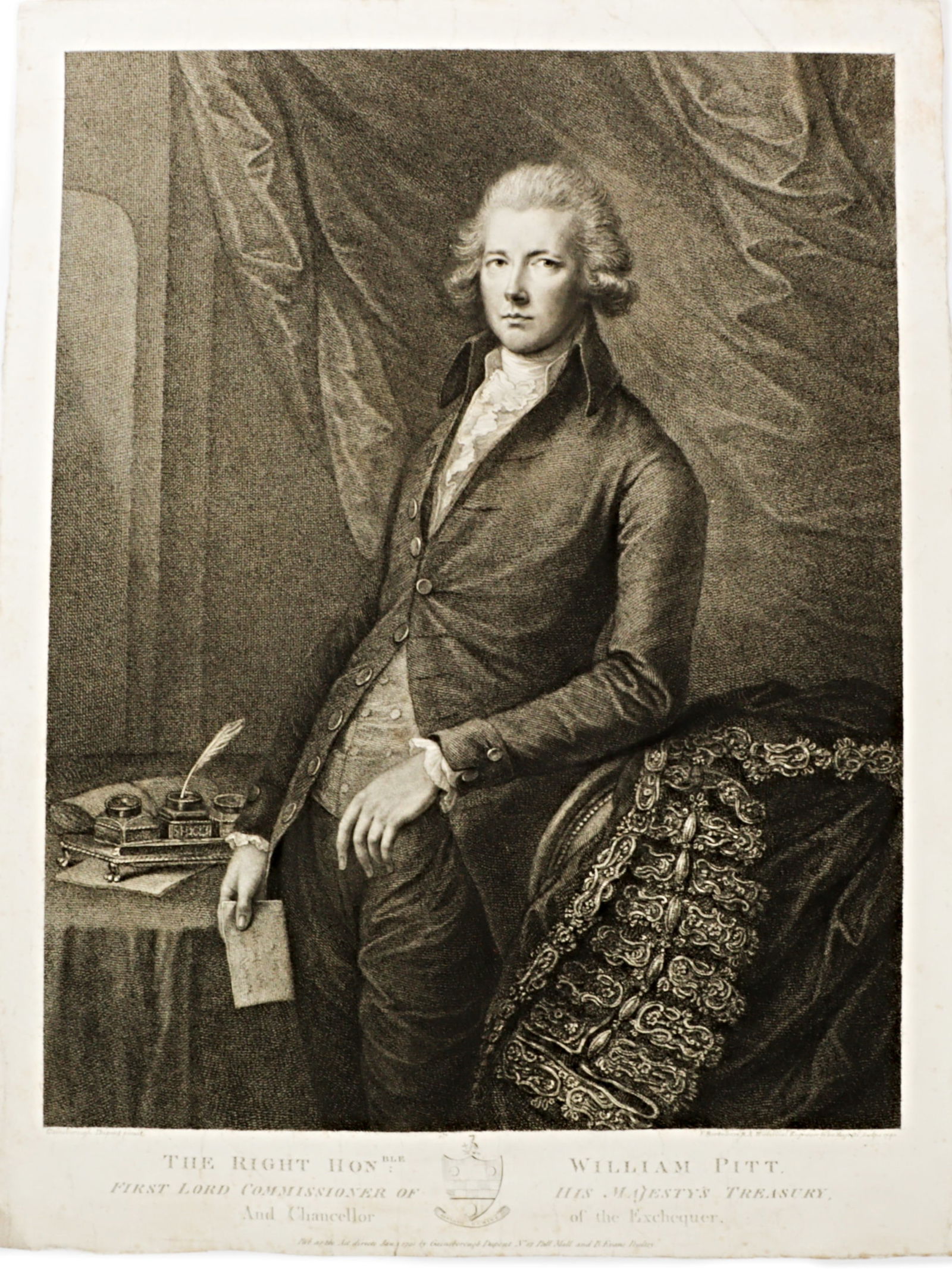Francesco Bartolozzi, Italian (1727-1815), Portrait of William Pitt (1790), etching, Image: 17 Â¼ H: Francesco Bartolozzi Italian (1727-1815) Portrait of William Pitt (1790) etching After Gainsborough Dupont (1754-1797, British; student of Thomas Gainsborough). The sitter, William Pitt would become p