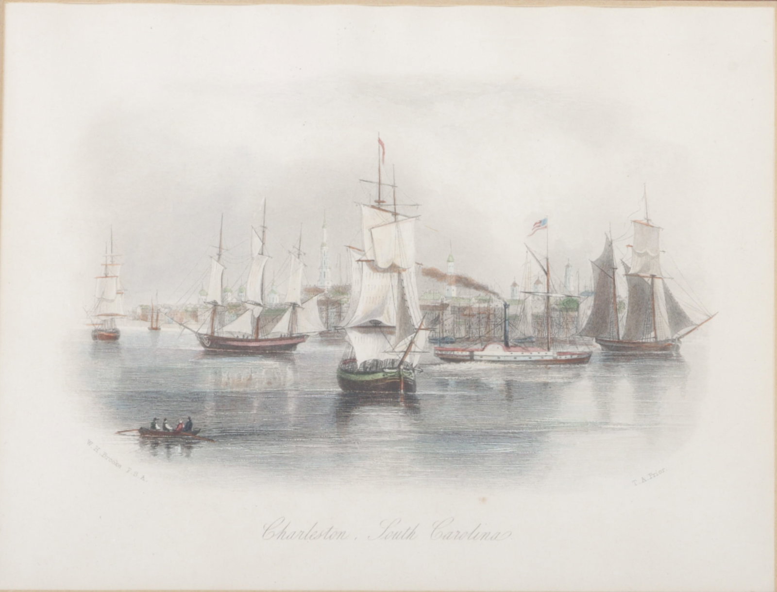 Color engraving of Charleston, South Carolina harbor scene 5 3/8"H x 7"W, 9 1/4"H x 10 3/4"W (frame): Color engraving of Charleston, South Carolina harbor scene Likely 19th c. 5 3/8"H x 7"W, 9 1/4"H x 10 3/4"W (frame)