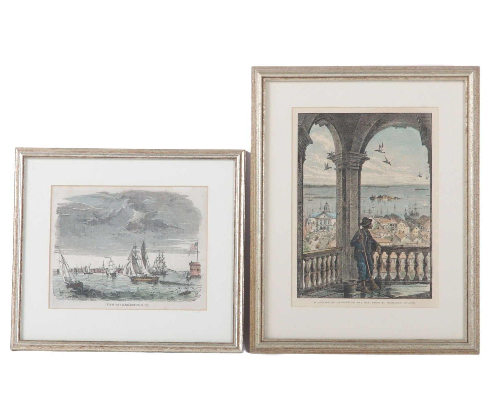 Lot of 2 color engravings: view of Charleston and bay from St. Michael's Church, 9"H x 6 1/2"W (1 of 8)