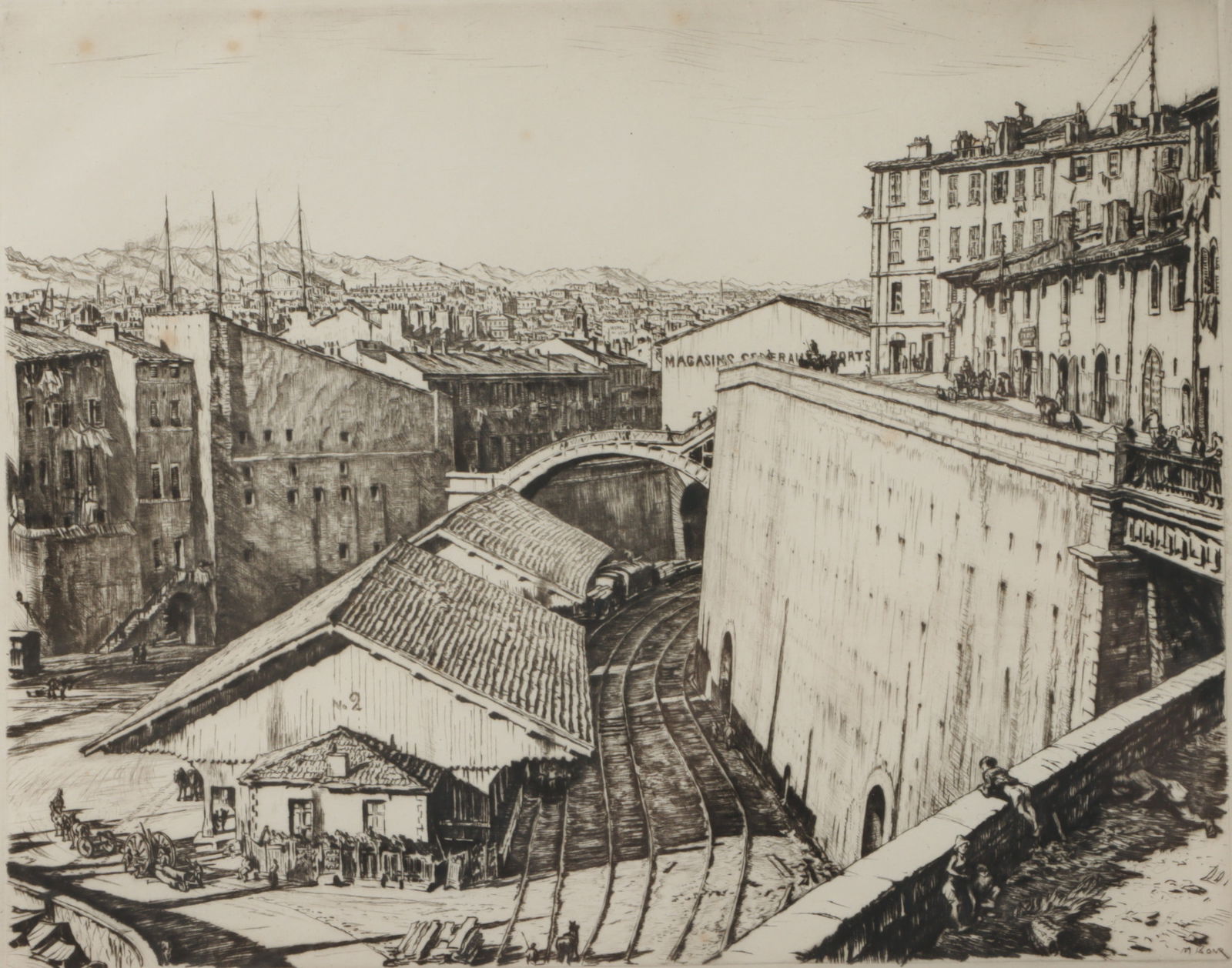 Muirhead Bone, United Kingdom, England, Scotland (1876 - 1953), Railway Sheds, Marseilles, 1937,: Muirhead Bone United Kingdom, England, Scotland (1876 - 1953) Railway Sheds, Marseilles, 1937 etching with drypoint on Japanese paper Signed in the plate and in pencil lower right. Artist, title, and
