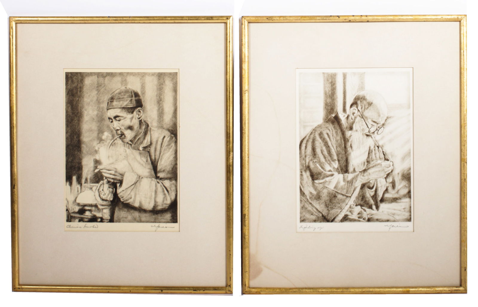 Willy Seiler, German (b. 1903), Opium Smoker / Lighting Up, etchings, 12"H x 8 1/2"W (sight), 20 (1 of 18)