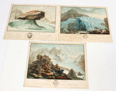 Three late 18th c. depictions of glaciers in the Swiss canton of Bern 13 3/4" W x 11 1/4" H: Three late 18th c. depictions of glaciers in the Swiss canton of Bern Made by different artists under the supervision of Claude-Joseph Vernet (French, official painter to Louis XVI; 1714-1789), and de