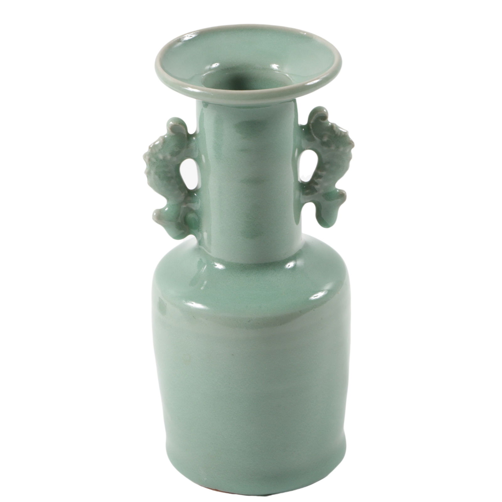 Chinese Song Dynasty Longquan celadon glazed porcelain mallet vase with figural handles, 6 3/4"H x 2: Chinese Song Dynasty Longquan celadon glazed porcelain mallet vase with figural handles Includes fabric box with bone closures. 6 3/4"H x 2 3/4"Diam. (without stand)