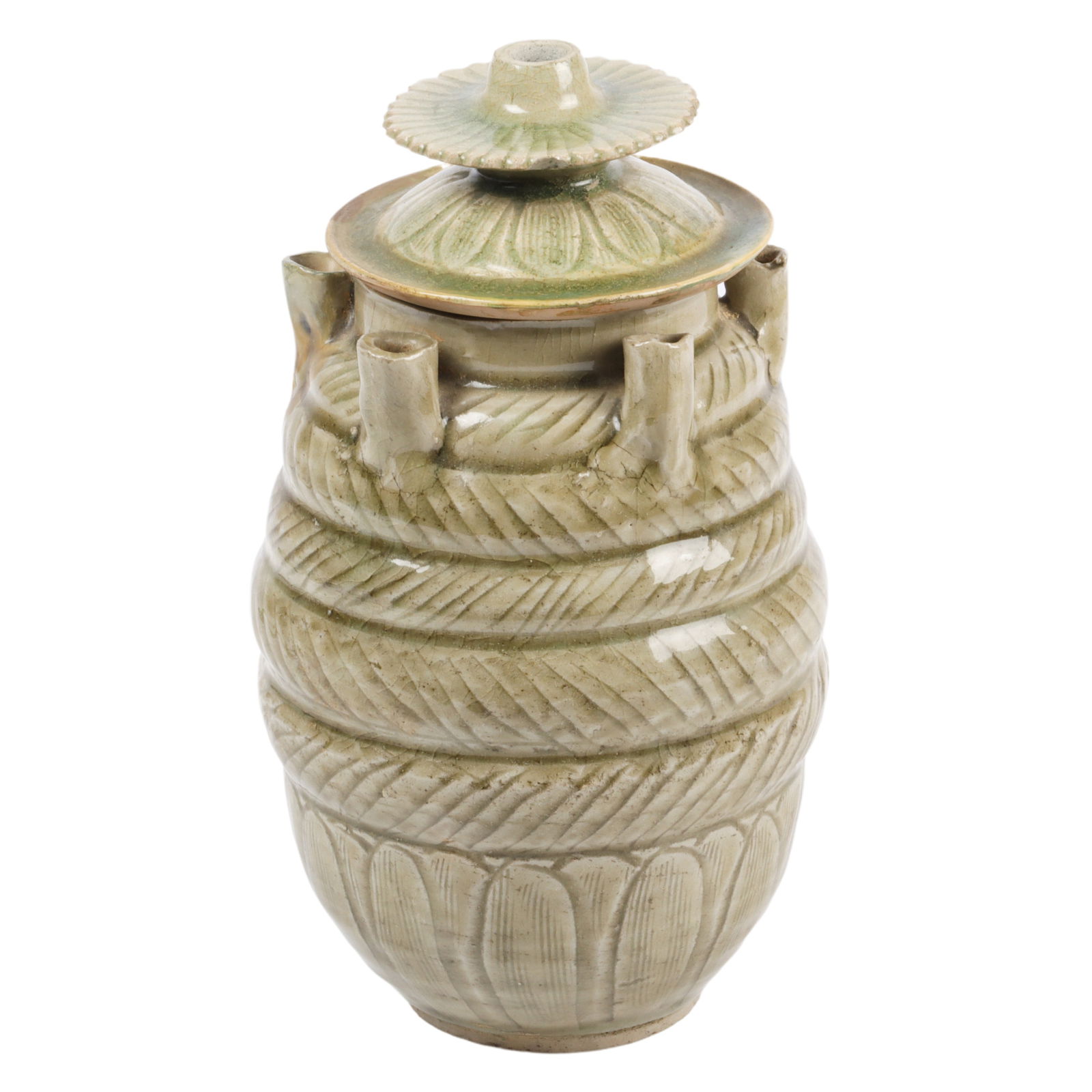 Chinese celadon glaze lotus vase with 5 flower stems and cover, Song Dynasty. 9 1/4"H x 4 1/4"Diam (1 of 7)