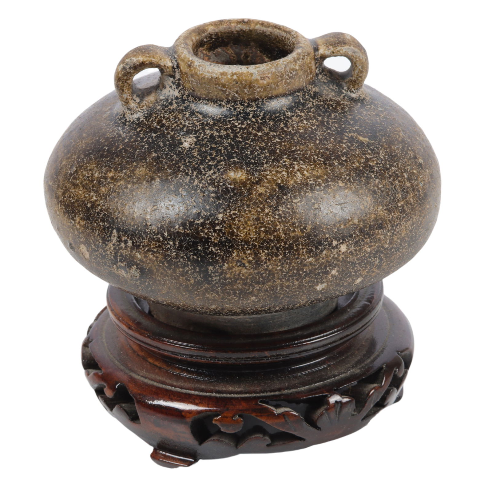 Small Chinese pottery jar with handles, brown/black glaze, Jin Dynasty. 2 1/4"H x 3"Diam. (1 of 3)