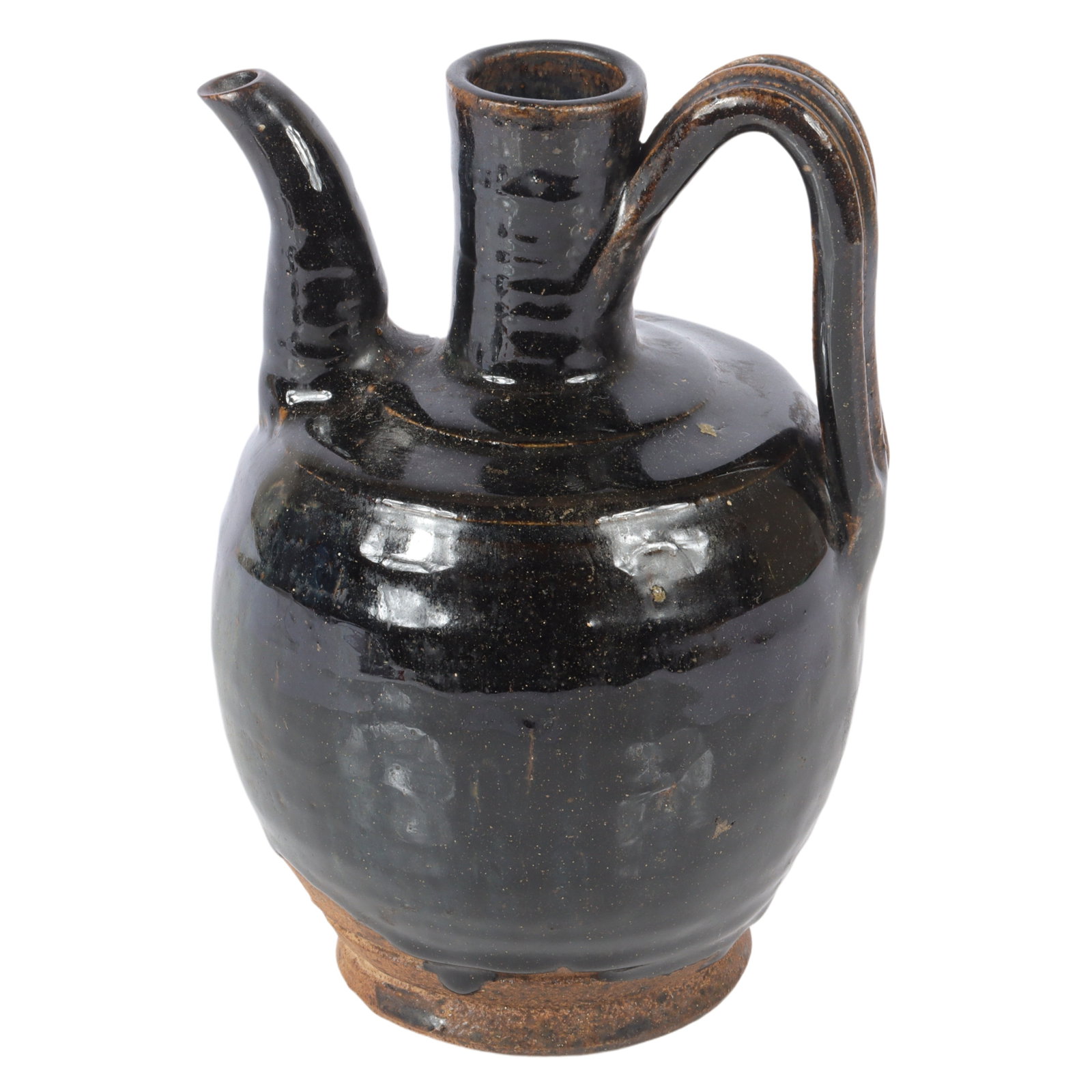 Chinese Cizhou / Henan ware black glaze pottery wine ewer with russet splash decoration, Song / Jin: Chinese Cizhou / Henan ware black glaze pottery wine ewer with russet splash decoration, Song / Jin Dynasty. 9"H x 6"Diam.