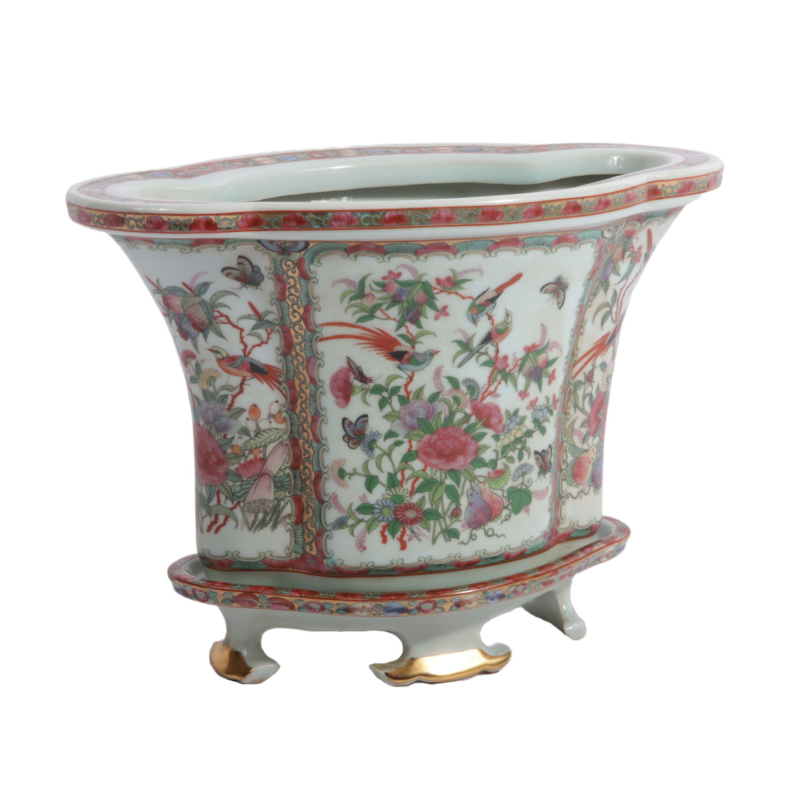 Chinese Da Qing Qianlong Nian Zhi hand-painted porcelain cachepot with stand, gilt detail. 10 1/4"H (1 of 13)