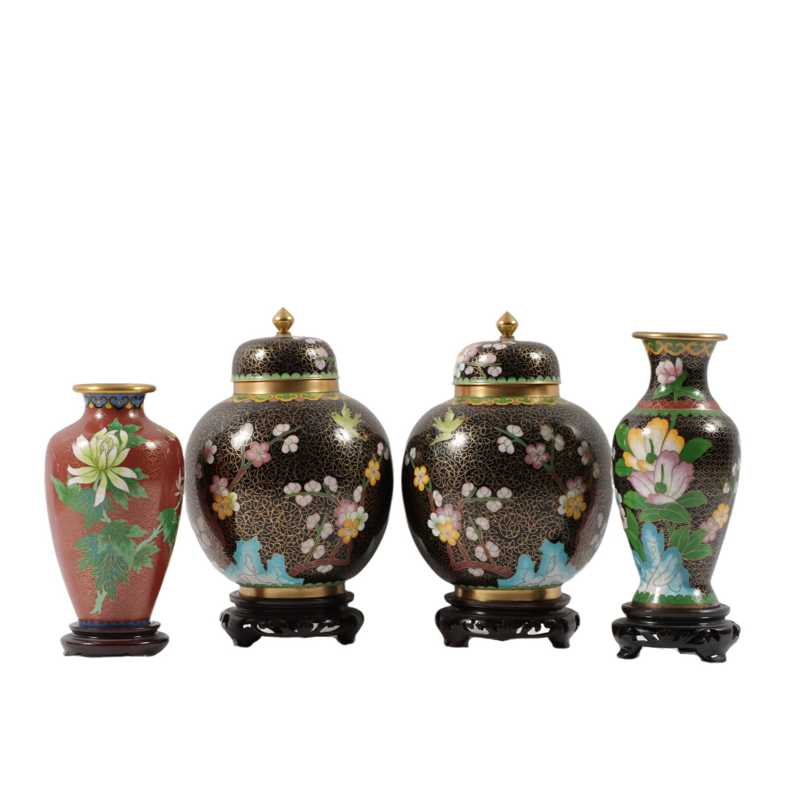 Chinese Cloisonne 4pc: pair ginger jars and two vases on stands. 8"H x 5"Diam. (jar w/o stand) (1 of 19)