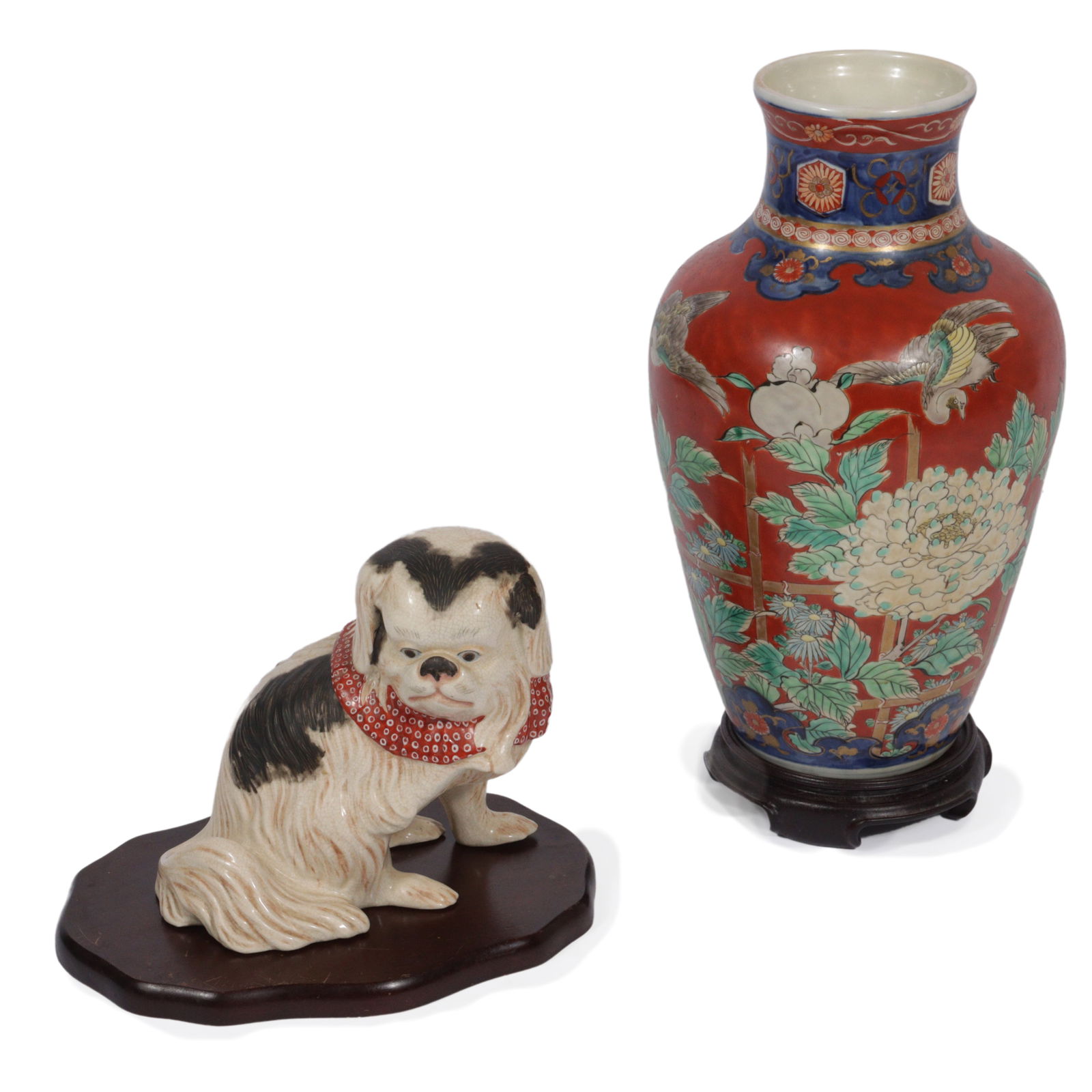 Japanese 2pc. porcelain; Imari hand painted vase and a Kutani? figure of a Pekingese dog. 13â€H x (1 of 14)