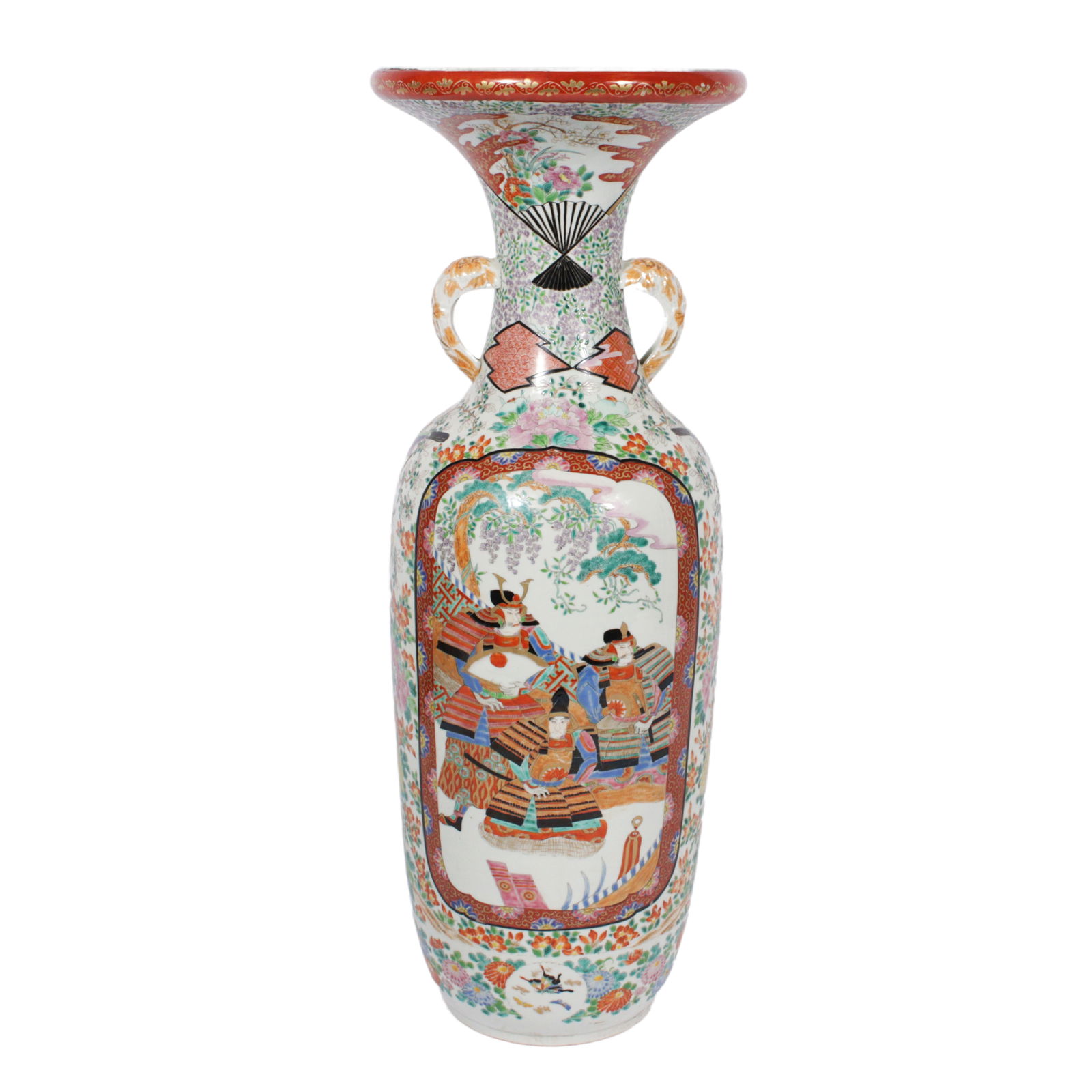 Monumental Japanese Kutani porcelain urn / vase with Samauri scenic panels with handles. 30 1/2â€H (1 of 17)