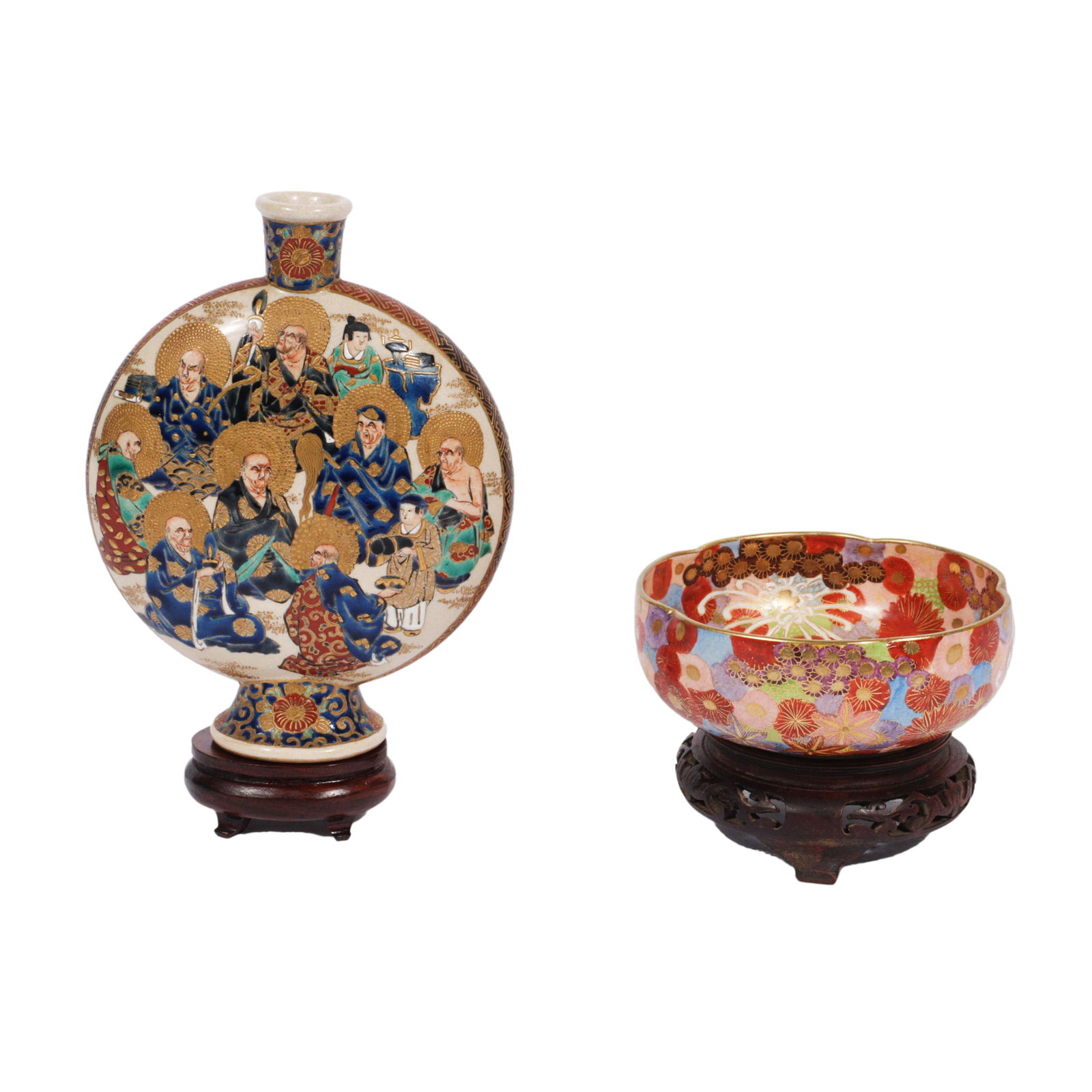 Japanese Meiji porcelain Satsuma 2pc. Immortals moon flask bottle and flower bowl. 2â€H x 4 (1 of 14)