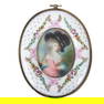 Antique French miniature portrait, Lady with curls in black plumed hat, with hand painted porcelain